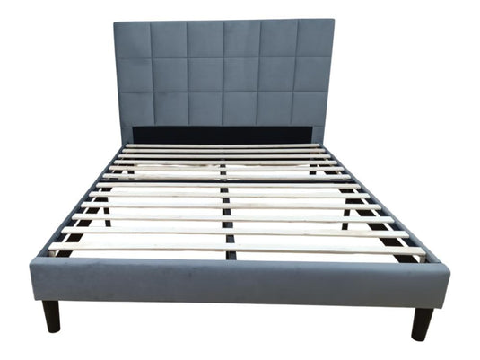 Cama Doble Vertex, Gris Oscuro, Madera Roble Tapizada