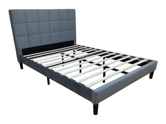 Cama Doble Vertex, Gris Oscuro, Madera Roble Tapizada