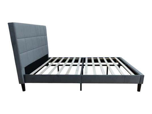 Cama Doble Vertex, Gris Oscuro, Madera Roble Tapizada