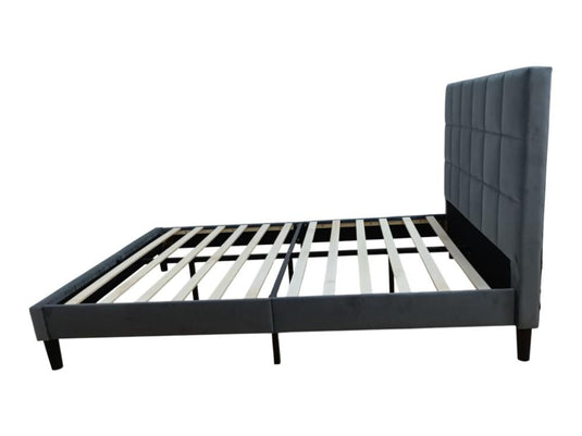 Cama Doble Vertex, Gris Oscuro, Madera Roble Tapizada