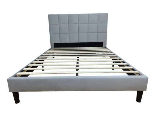 Cama Doble Vertex, Gris Claro, Madera Roble Tapizada