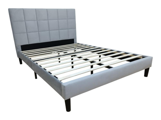 Cama Doble Vertex, Gris Claro, Madera Roble Tapizada