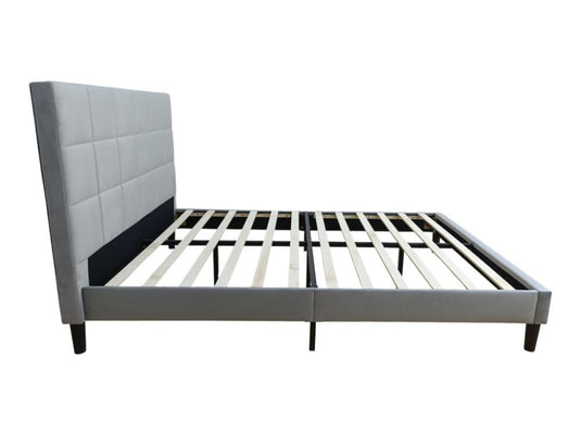 Cama Doble Vertex, Gris Claro, Madera Roble Tapizada