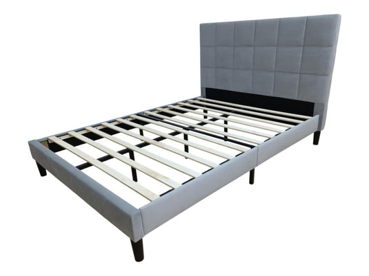 Cama Doble Vertex, Gris Claro, Madera Roble Tapizada