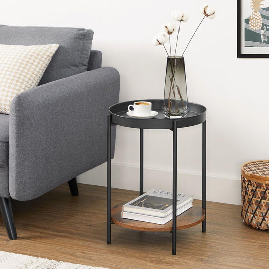 Mesa Auxiliar Tree, Negro y Roble, Ideal para Espacios Reducidos