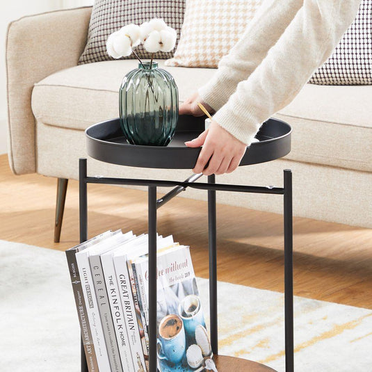 Mesa Auxiliar Tree, Negro y Roble, Ideal para Espacios Reducidos