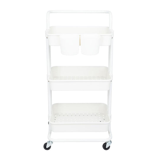 Mueble Auxiliar Multiusos Rolling, Blanco, con Tres Niveles y Rodachines para su Fácil Desplazamiento