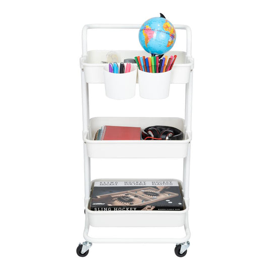 Mueble Auxiliar Multiusos Rolling, Blanco, con Tres Niveles y Rodachines para su Fácil Desplazamiento