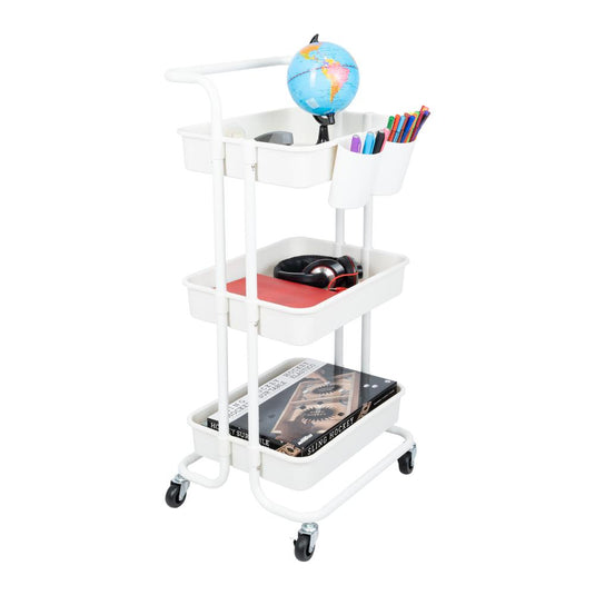 Mueble Auxiliar Multiusos Rolling, Blanco, con Tres Niveles y Rodachines para su Fácil Desplazamiento