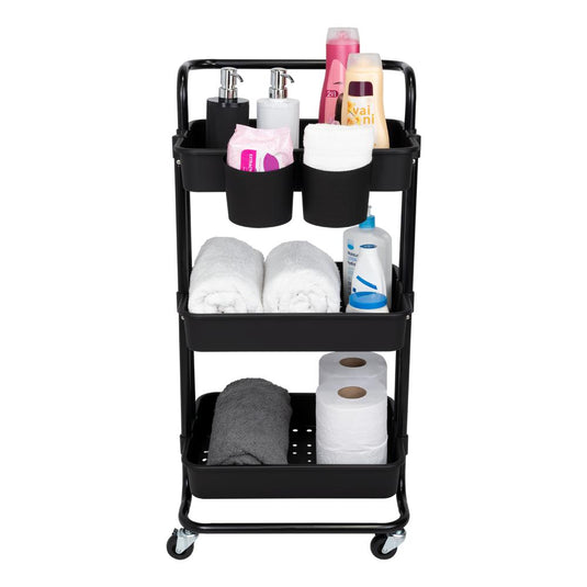 Mueble Auxiliar Multiusos Rolling, Negro, con Tres Niveles y Rodachines para su Fácil Desplazamiento