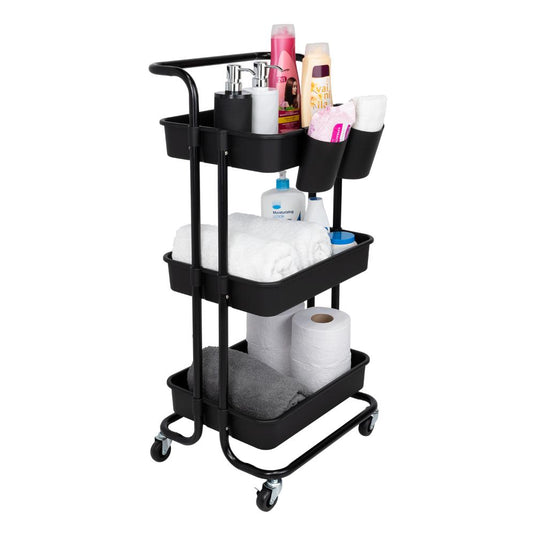 Mueble Auxiliar Multiusos Rolling, Negro, con Tres Niveles y Rodachines para su Fácil Desplazamiento