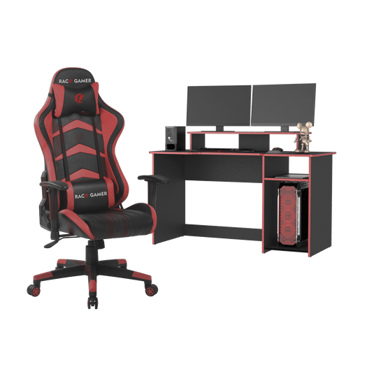 Combo Gamer , Wengue y Rojo, Incluye Escritorio y Silla Gamer
