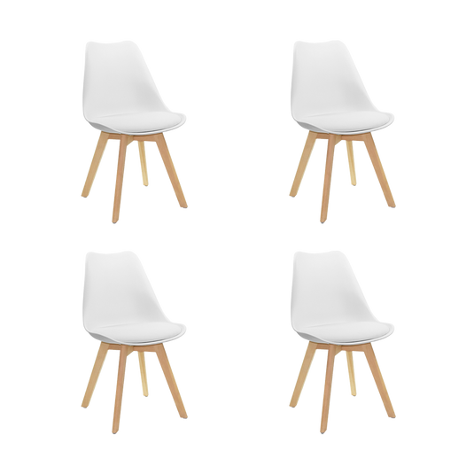 Set de 4 Sillas Sasha, Blanco y Café Claro, Cómodo Asiento y Patas en Madera