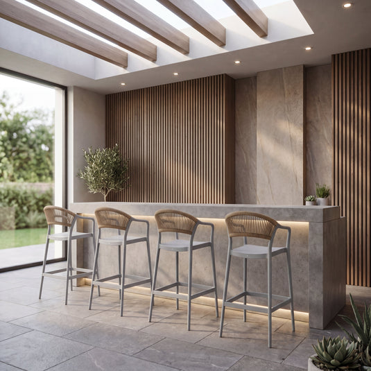 Silla para Bar Bali, Gris, Con espaldar en cuerdas y diseño Moderno X4