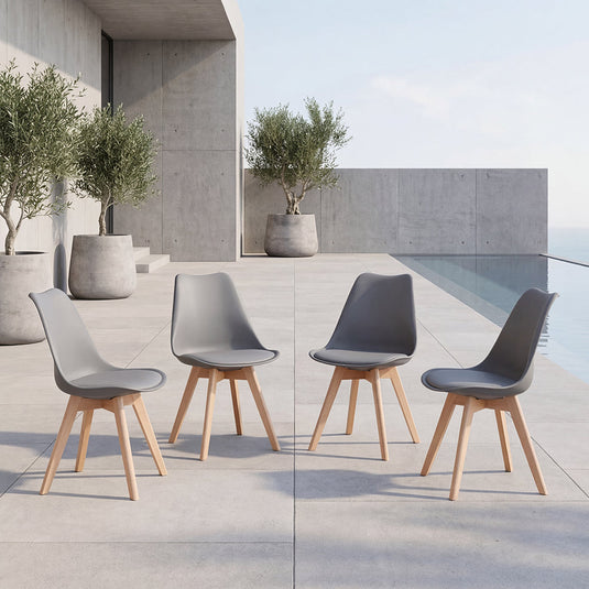 Set de 4 Sillas Fyn, Gris Oscuro, Diseño Minimalista con Espaldar, Cojín y Patas de Madera