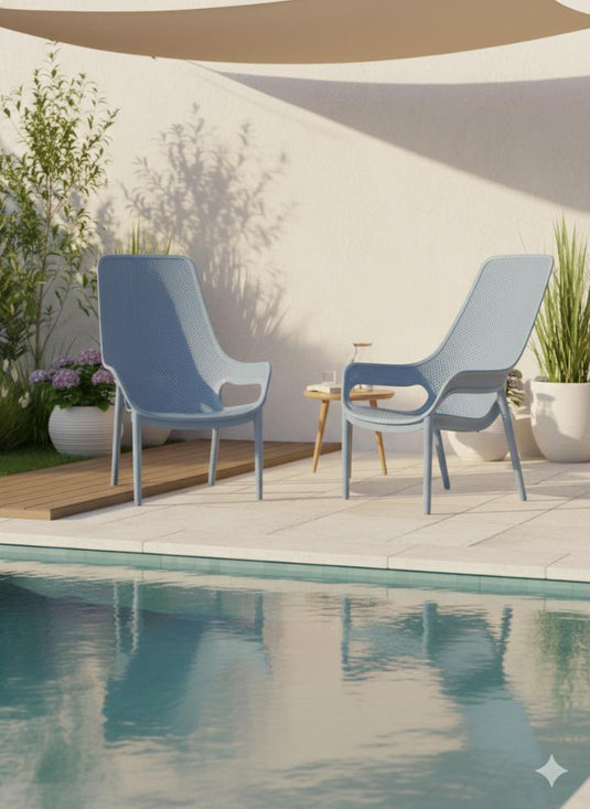 Silla Lounge Mayorca, Azul Claro, con espaldar y reposa brazos X4