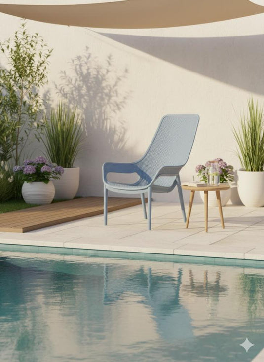 Silla Lounge Mayorca, Azul Claro, con espaldar y reposa brazos X4