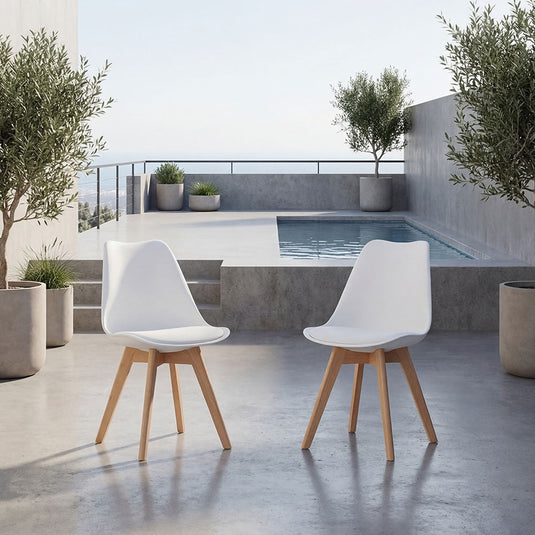 Set de 2 Sillas Fyn, Blanco, Diseño Minimalista con Espaldar, Cojín y Patas de Madera