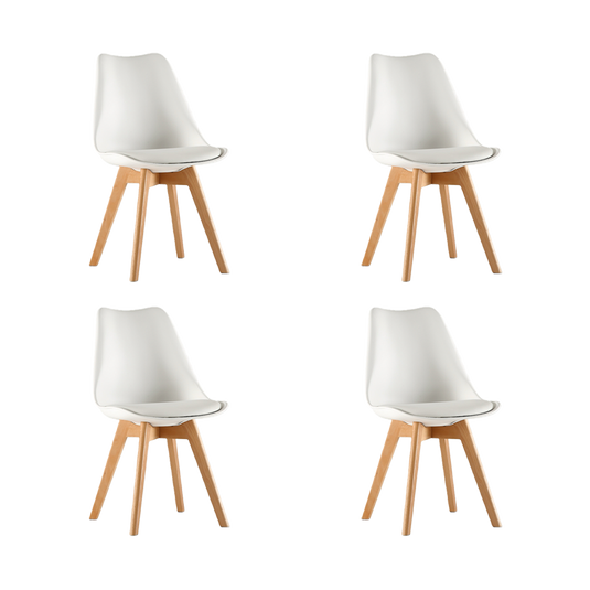 Set de 4 Sillas Fyn, Blanco, Diseño Minimalista con Espaldar, Cojín y Patas de Madera