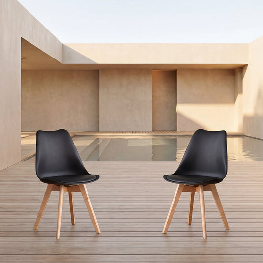 Set de 2 Sillas Fyn, Negro, Diseño Minimalista con Espaldar, Cojín y Patas de Madera