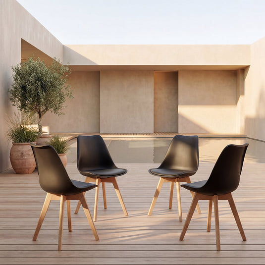 Set de 4 Sillas Fyn, Negro, Diseño Minimalista con Espaldar, Cojín y Patas de Madera