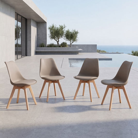 Set de 4 Sillas Fyn, Taupe, Diseño Minimalista con Espaldar, Cojín y Patas de Madera