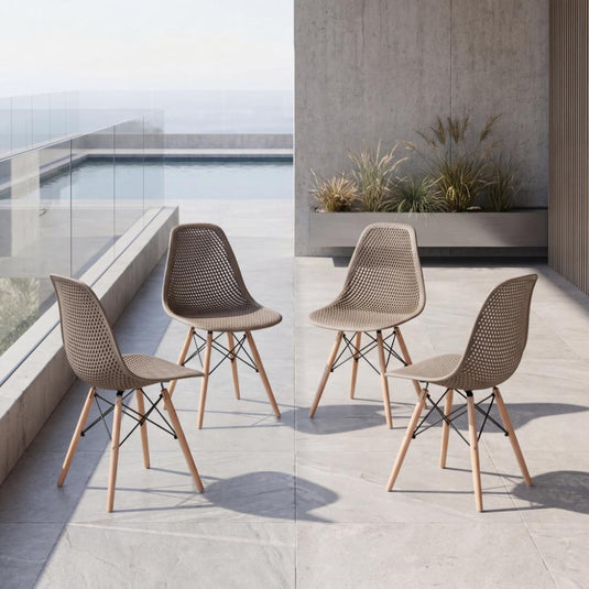 Set de 4 Sillas Aira, Color Taupe, con Espaldar y Patas en Madera