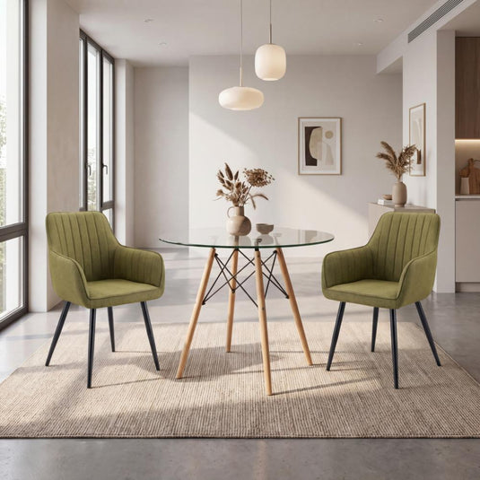 Combo para Sala Prisma, Incluye Mesa Redonda de Vidrio y 2 Sillas