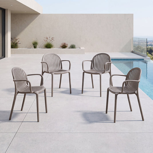 Set de 4 Sillas Marruecos con Brazos, Taupe, con Espaldar en Rayas y Diseño Minimalista