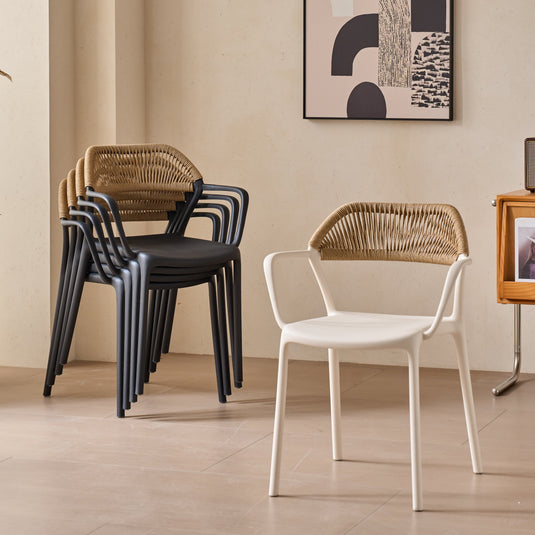 Silla con Brazos Bombay, Negro y Beige, con Espaldar en Cuerdas y Diseño Moderno