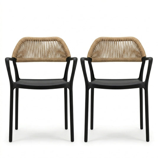 Set de 2 Sillas con Brazos Bombay, Negro y Beige, con Espaldar en Cuerdas y Diseño Moderno