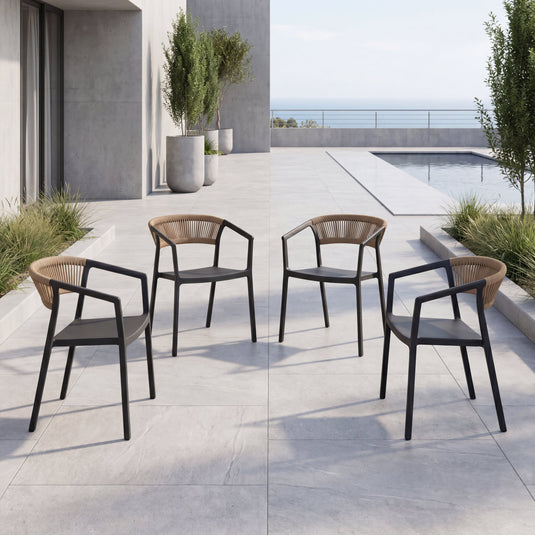 Set de 4 Sillas Balí, Negro y Café Oscuro, con Espaldar en Cuerdas y Diseño Moderno