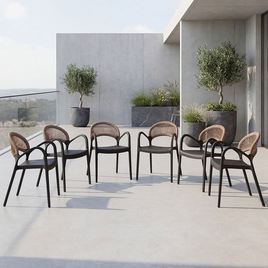 Set de 6 Sillas Daytona, Negro y Café Claro, con Espaldar, Reposa Brazos y Diseño Minimalista