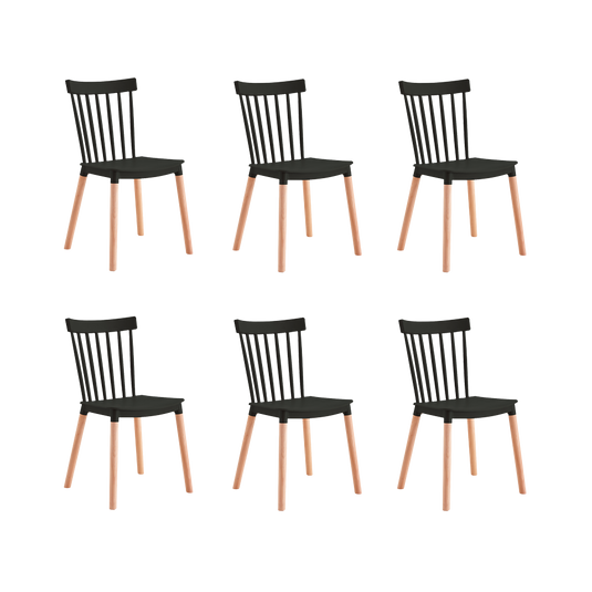 Kit de 6 Sillas Jeicob, Negro y Café Claro, Cómodo Asiento y Patas en Madera