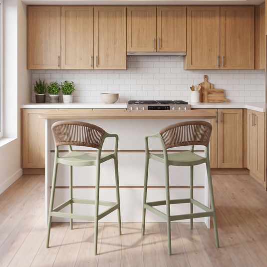 Silla para Bar Bali, Verde, Con espaldar en cuerdas y diseño Moderno X2