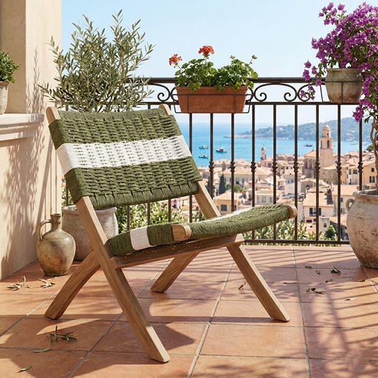 Silla Plegable de Madera para Exterior Katy, Verde Olivo y Blanco, Ideal para Dias de Sol