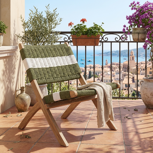 Silla Plegable de Madera para Exterior Katy, Verde Olivo y Blanco, Ideal para Dias de Sol