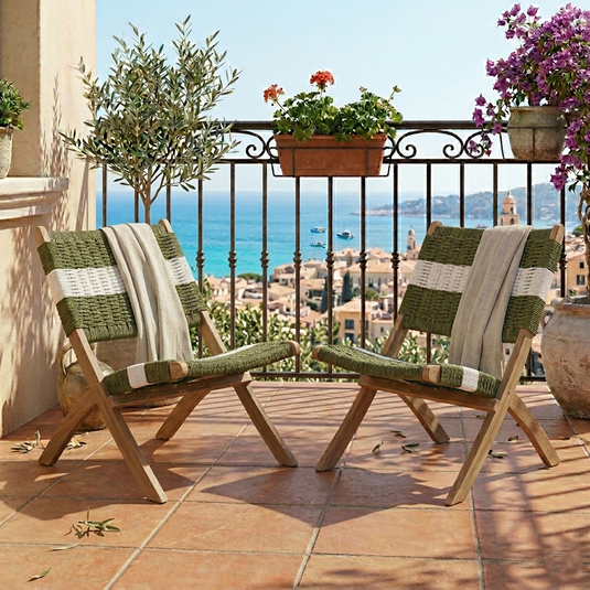 Silla Plegable de Madera para Exterior Katy, Verde Olivo y Blanco, Ideal para Dias de Sol