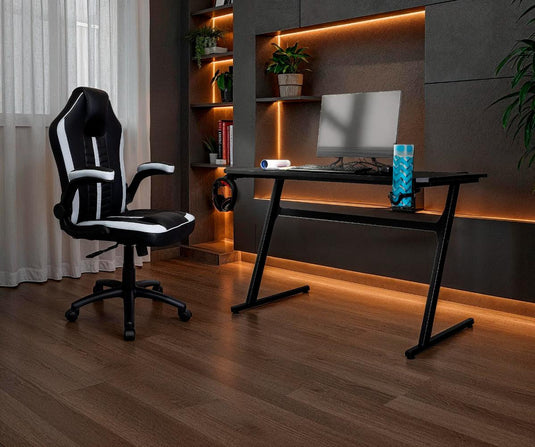 Silla Gamer Rismel, Negro y Gris, con espaldar reclinable y altura ajustable