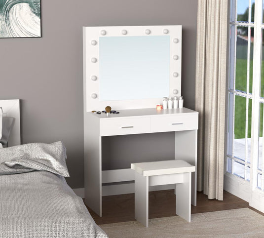Tocador con Luces LED Bella, Blanco Mate, Incluye la Silla