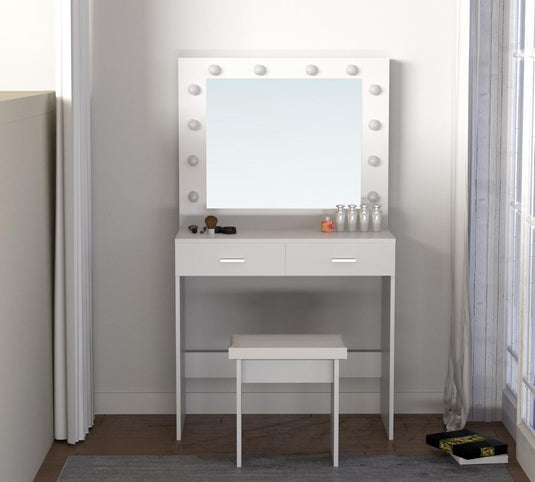 Tocador con Luces LED Bella, Blanco Mate, Incluye la Silla