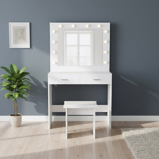 Tocador con Luces LED Bella, Blanco Mate, Incluye la Silla