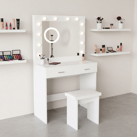 Tocador con Luces LED Bella, Blanco Mate, Incluye la Silla