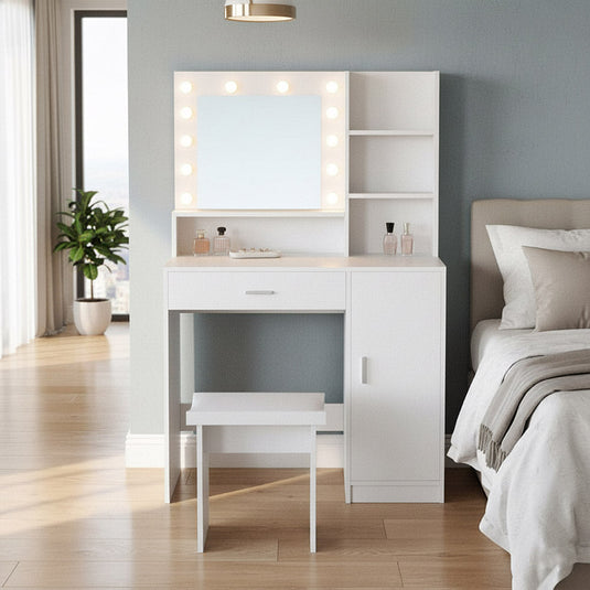 Tocador con Luces LED Aura, Blanco Mate, Incluye la Silla