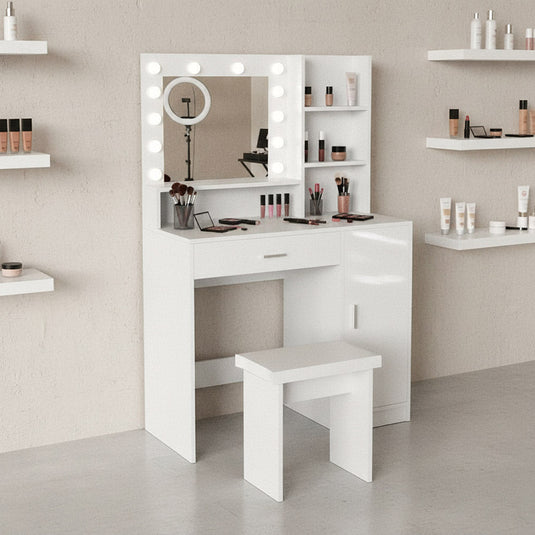 Tocador con Luces LED Aura, Blanco Mate, Incluye la Silla