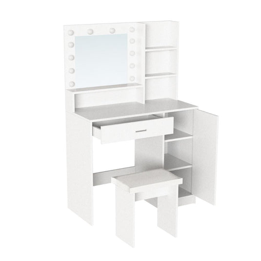 Tocador con Luces LED Aura, Blanco Mate, Incluye la Silla