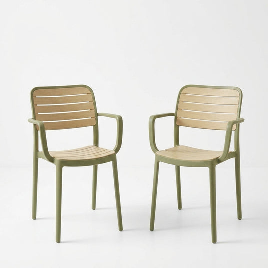 Set de 2 Sillas con Brazos Carolina, Verde Olivo y Beige, y Espaldar de Líneas Horizontales
