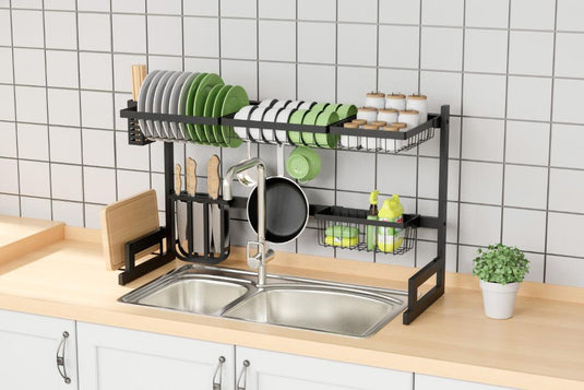 Escurridor de Platos Cristora, Negro, Metálico Doble de 2 Niveles