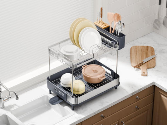 Escurridor de Platos Secoria, Gris Oscuro, en Acero Inoxidable de 2 Niveles