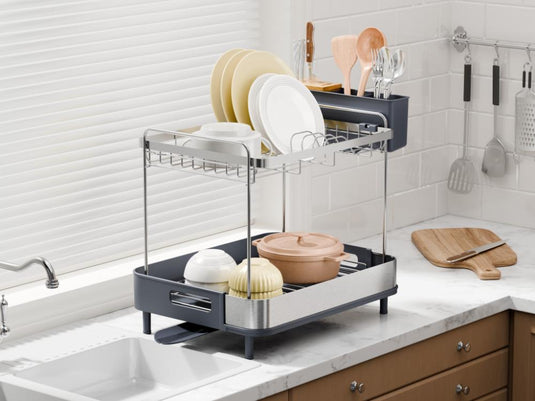 Escurridor de Platos Secoria, Gris Oscuro, en Acero Inoxidable de 2 Niveles
